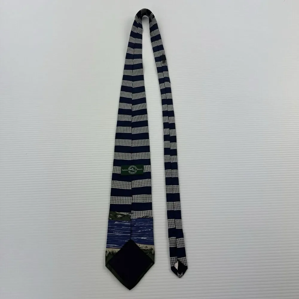 Pebble Beach Golf Tie Silk USA Blue Striped Scenic Golfer Novelty Necktie